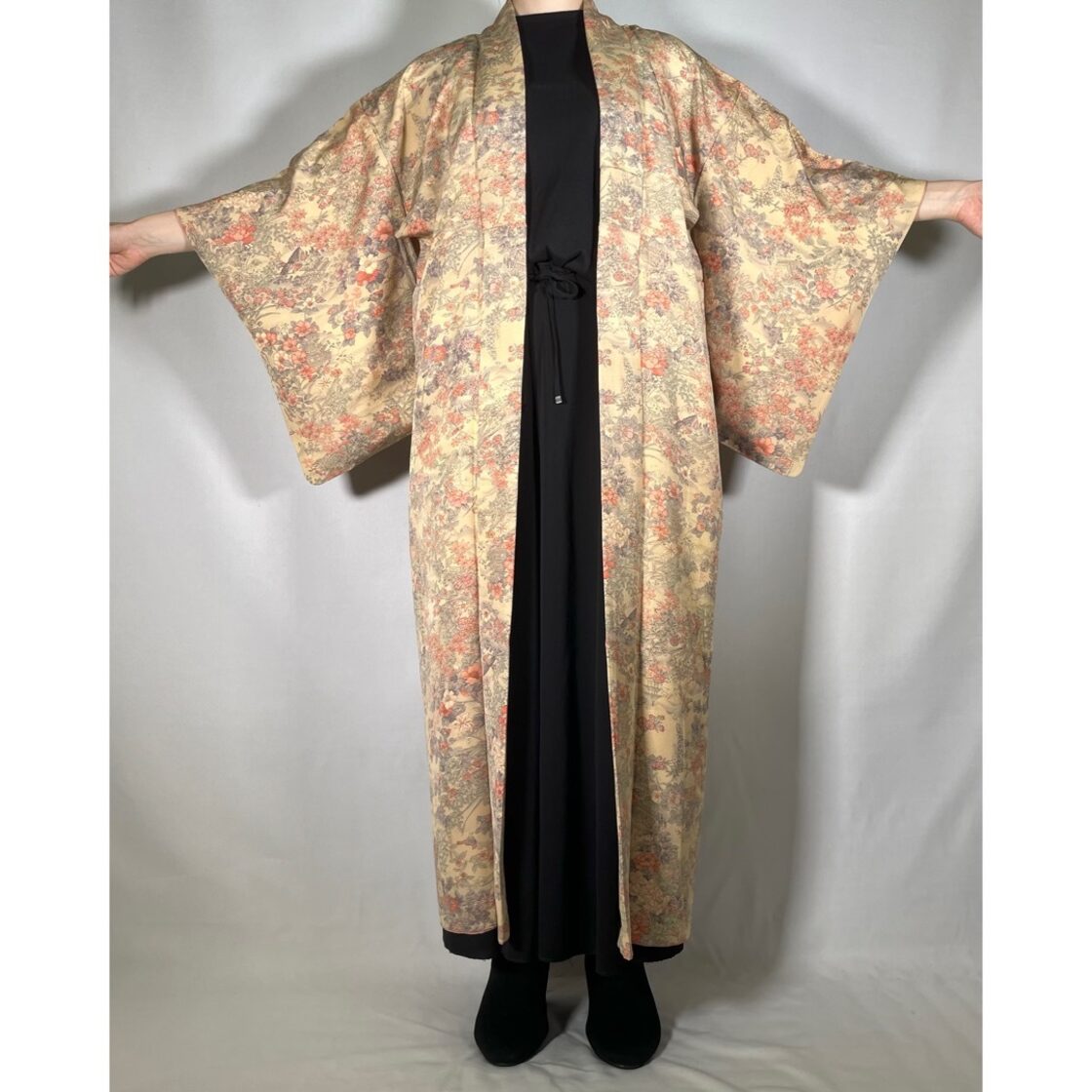 11779】 着物リメイク ロングコート 着物 寺院 花鳥模様 | PAY ID
