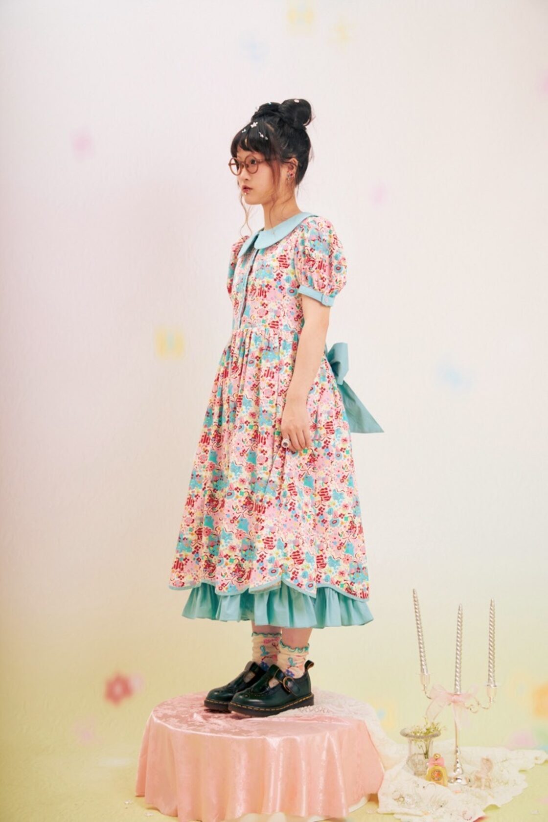 ワンピース】水色 リボン 花柄 フラワー ニット 可愛い かわいい 水色 