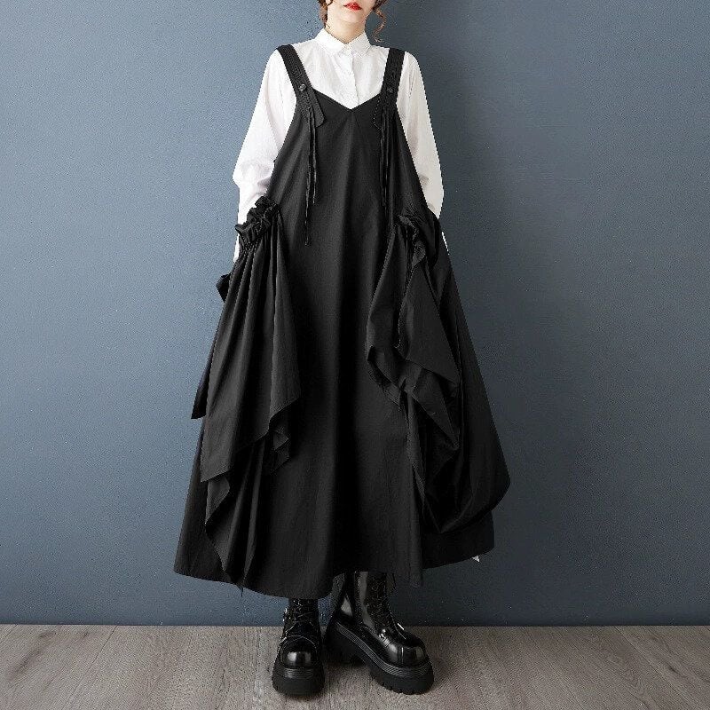 SOLID SIDE FLAP FRILL DESIGN LONG STRAP JUMPER DRESS 2colors M-14956