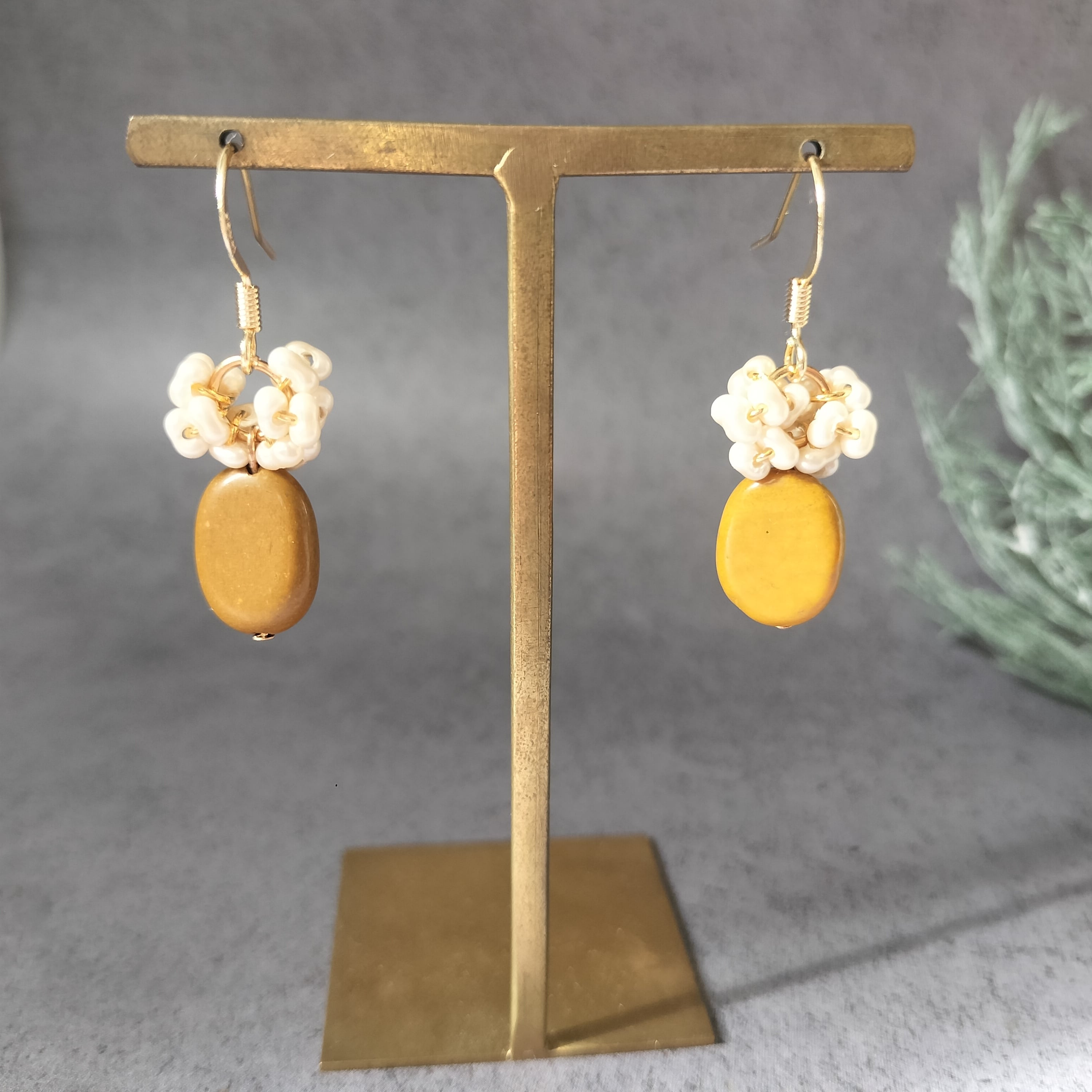 14kgfオーシャンジャスパーピアス/イヤリング 完全1点もの】からし色 マスタード色 オーシャンジャスパー 花かんむり