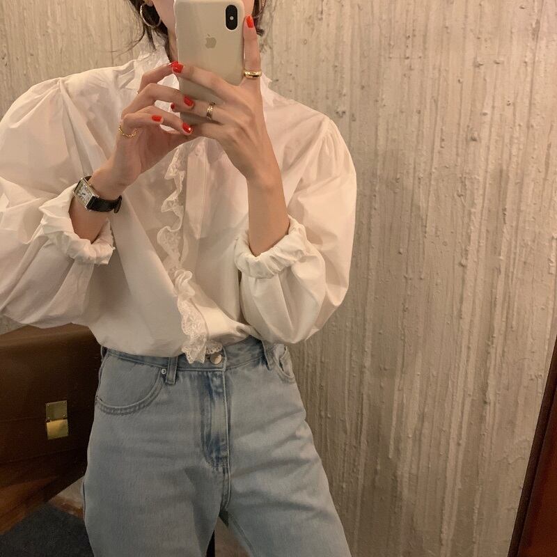 スプリングソリッド カラーシャツ ロング レース 春物 レースアップ ソリッドカラー ビッグFスモールZ韓国8689484886