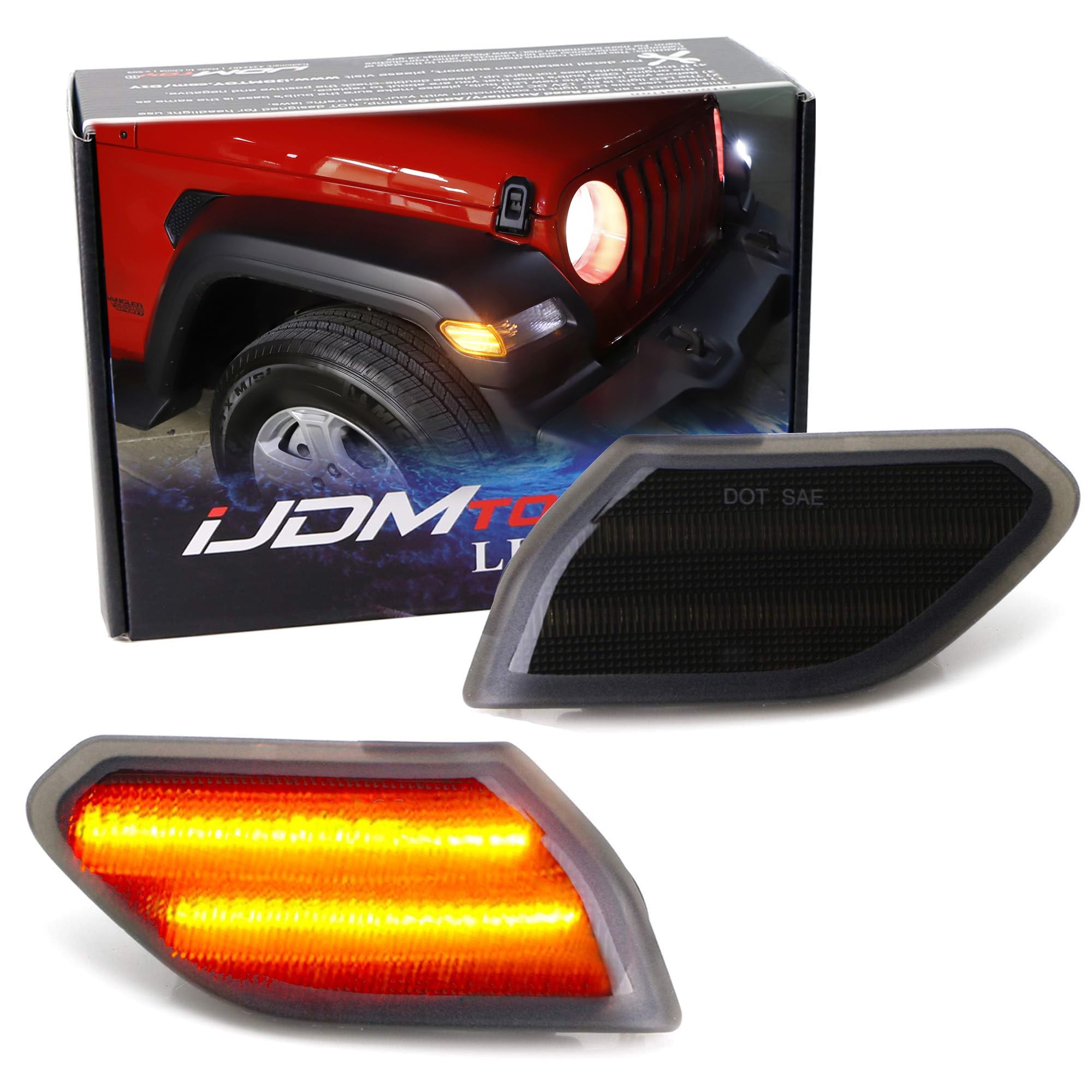iJDMTOY ダークスモークレンズ アンバー フルLED サイドマーカー ライトキット Jeep 2018年以降のラングラー JL、2020年以降のグラディエーター、27ダイオードLEDで駆動、OEMアンバーサイドマーカーランプの交換
