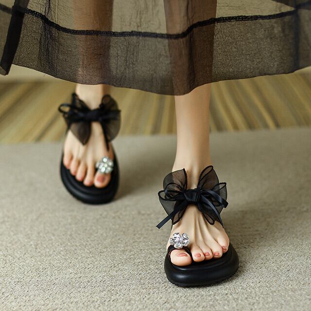 サンダル レディース シューズ 靴 リボン ビジュー 旅行 リゾート おしゃれ かっこいい カジュアル 春夏 ブラック/ホワイト 22.5cm/23cm/23.5cm/24cm/24.5cm/25cm