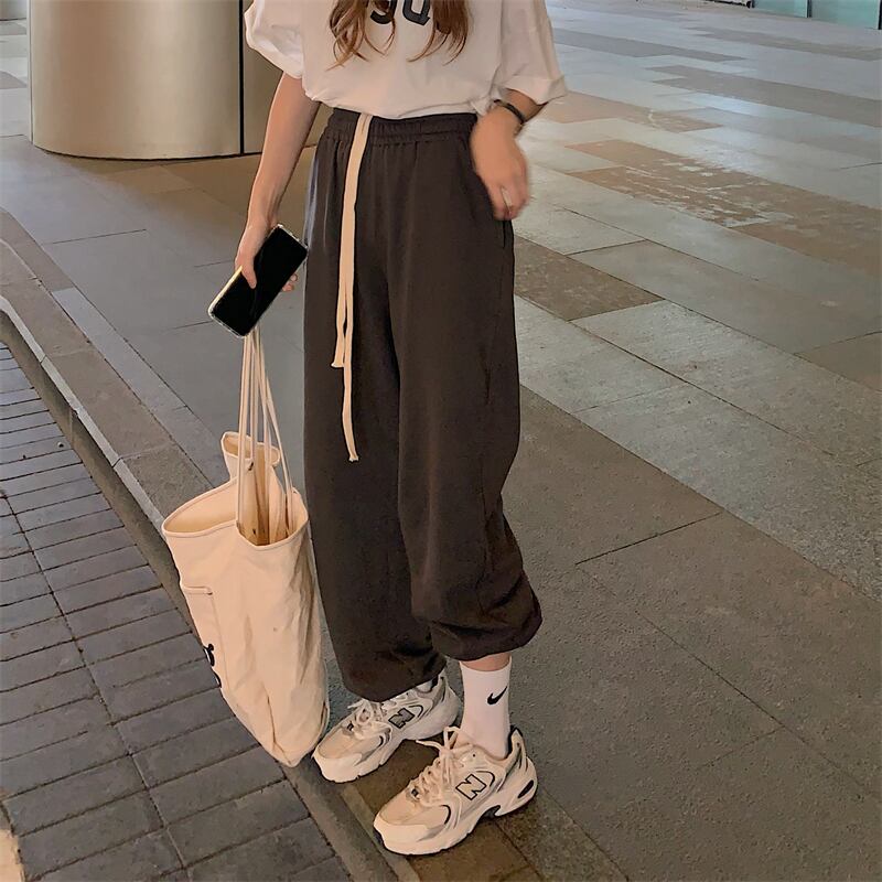 グレーギャザーカジュアルパンツ サマー薄手ハイウェストウェストルーズワイドレッグ 夏物 ワイドパンツ モンロー84256210970