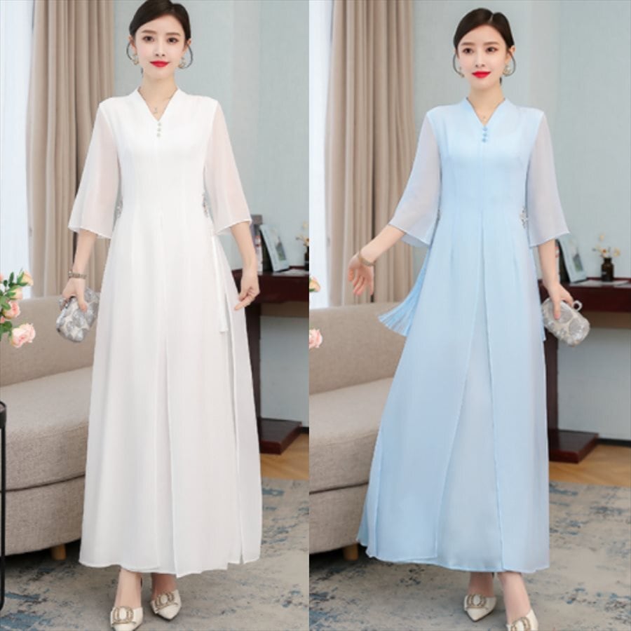 送料無料】 ロングドレス ドレス レディース 長袖 七分袖 マキシ丈