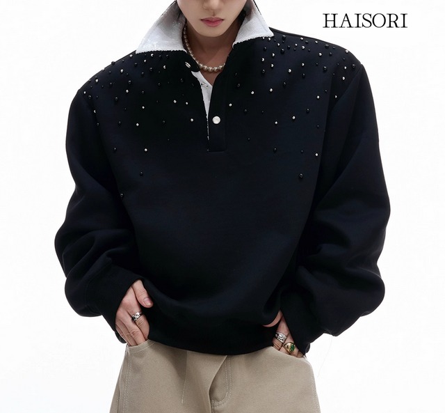(NEW) Studded Collar Sweatshirt with Sequin Detail