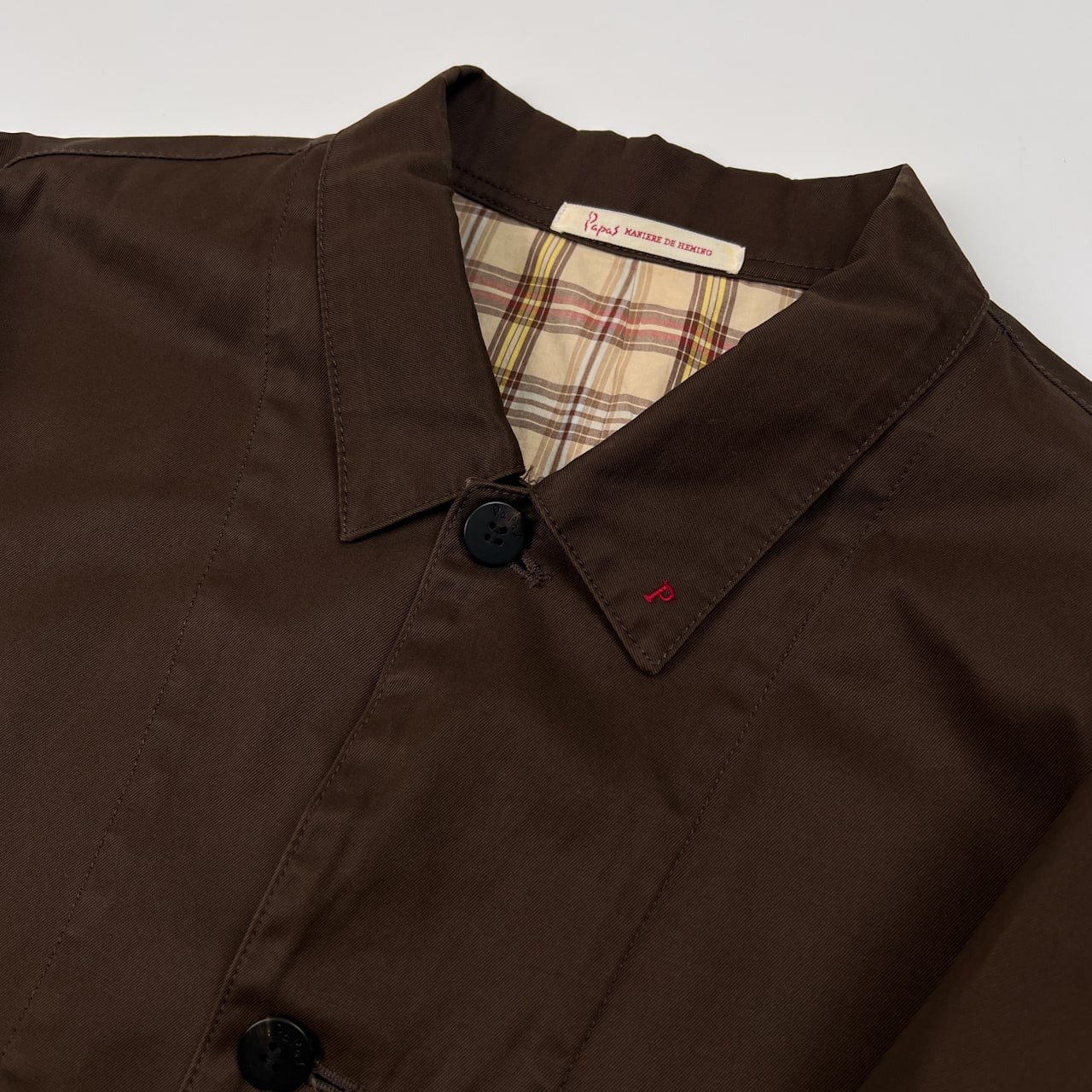 PAPAS パパス 裏チェック ツイルコットン ハーフ コート ジャケット サイズ L /ダークブラウン/日本製