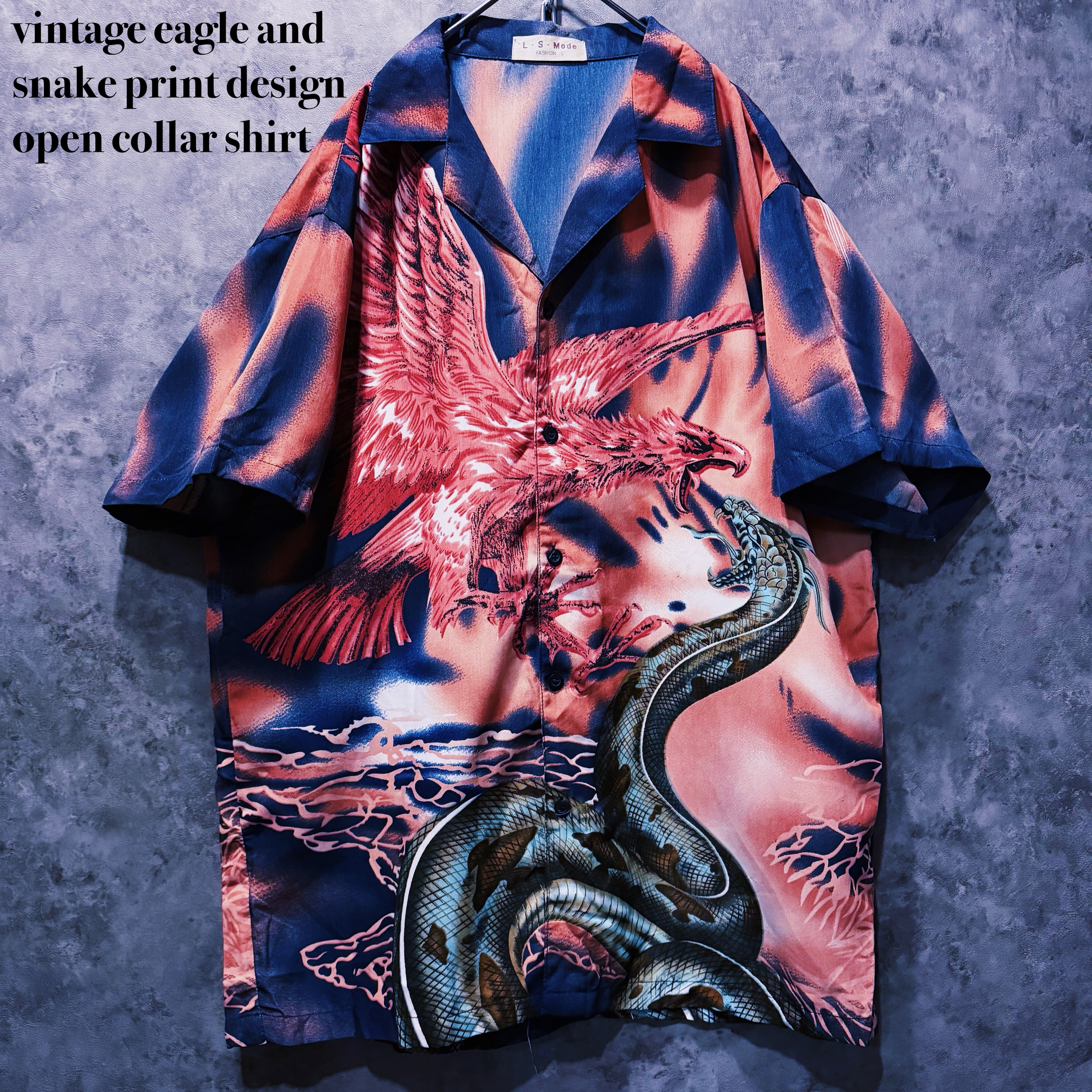 【doppio】vintage eagle and snake print design open collar shirt