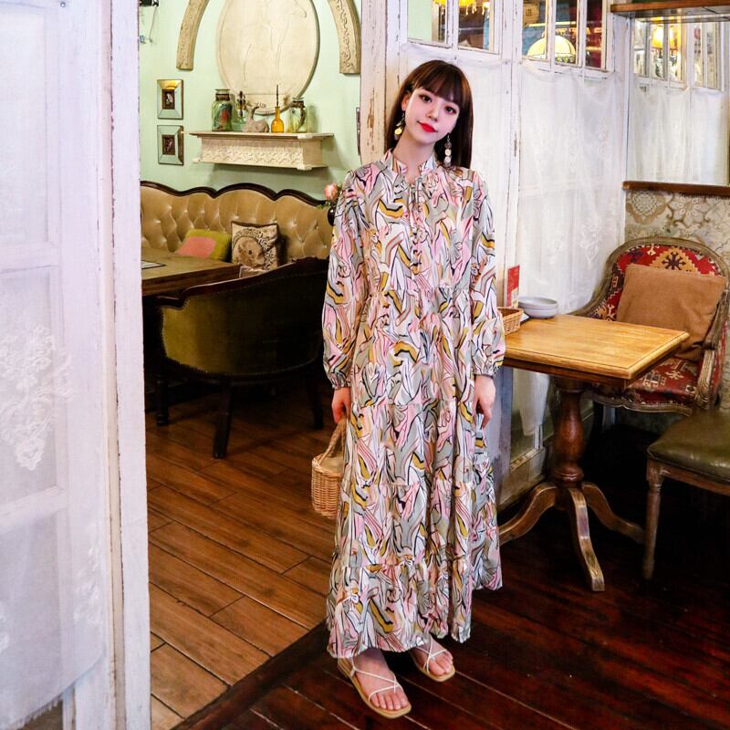 スプリングスタイルロングルーズドレス レトロ 長袖 春物 スカート 延命家ファッション56567510329