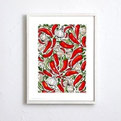 Chili & Garlic｜赤いチリとガーリックの食欲そそるキッチンアートポスター｜料理空間を彩るスパイスデザイン｜A3ポスター