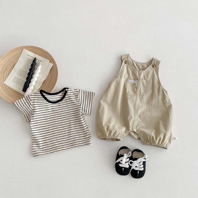 【セット】ミニスマイルストライプTシャツサロペットロンパースセット - 6