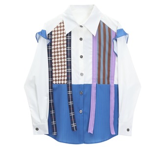 PATCHWORK FRILL RIBBON DESIGN SHIRT 1color M-5498