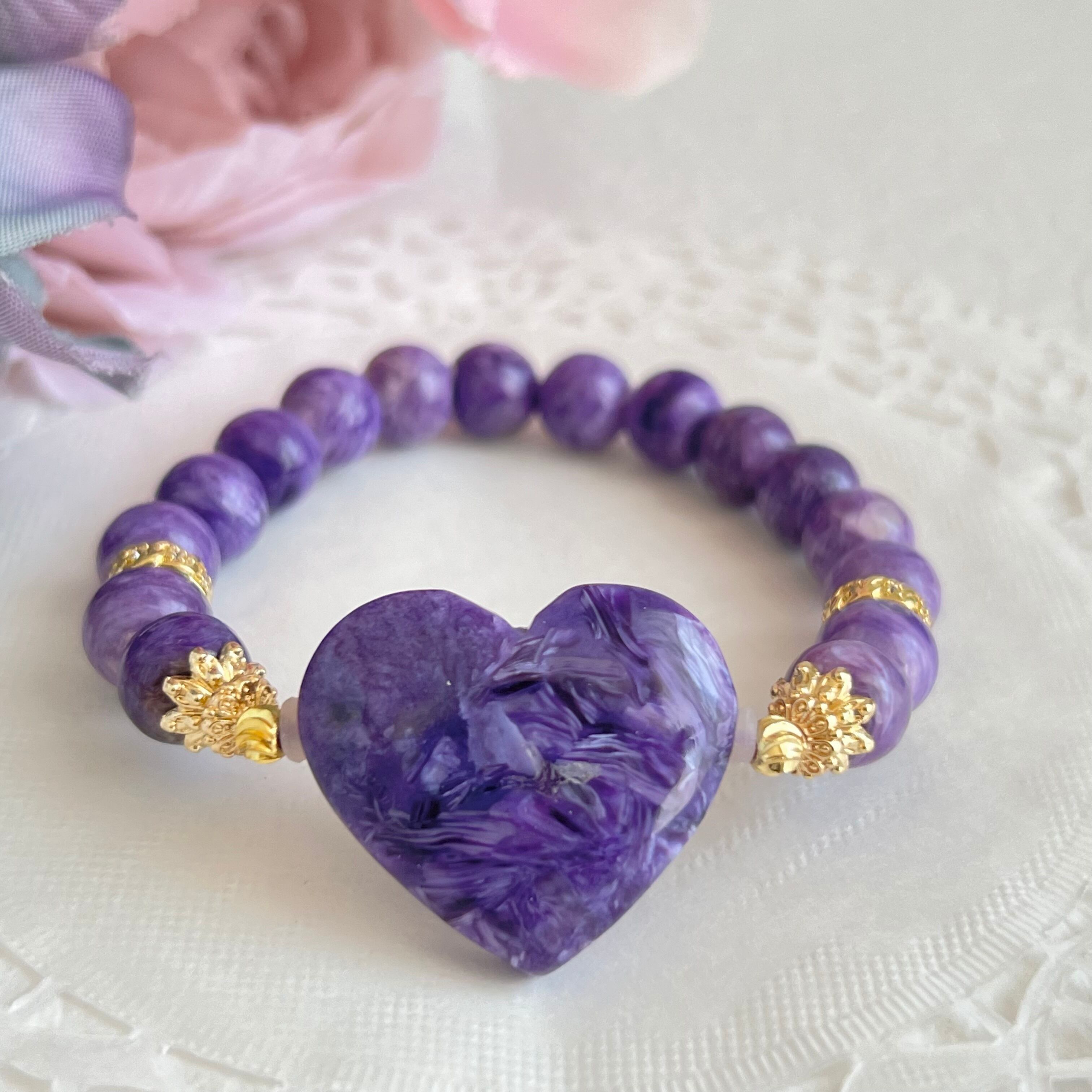 【精神的な癒し チャロアイト ハート チャロアイトブレスレット】❤︎送料無料❤︎天然石 パワーストーン