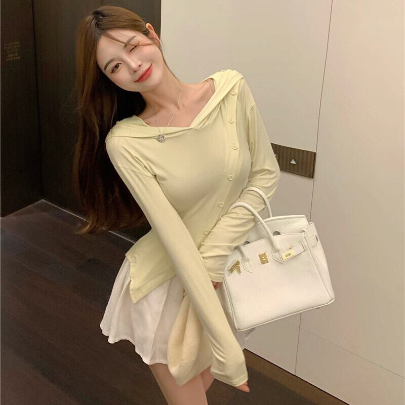 スリットカジュアルフードトップス オータムウェストTシャツ ロング 大人ガーリー スウィート キュート 秋物 ガールズファッション51428877993