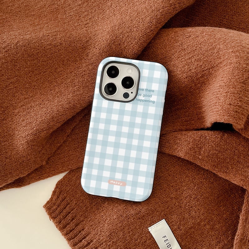 新型iPhone15シリーズ対応】爽やかさん◎ブルーチェック かわいい 青