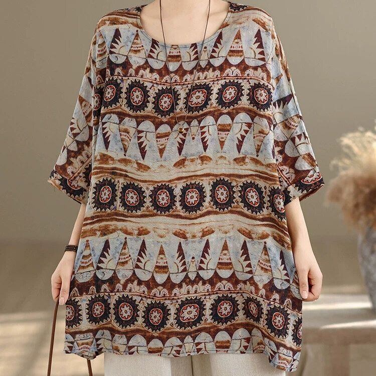 ETHNIC PRINT BOAT NECK 3/4 SLEEVES TUNIC TOP 1color M-16187