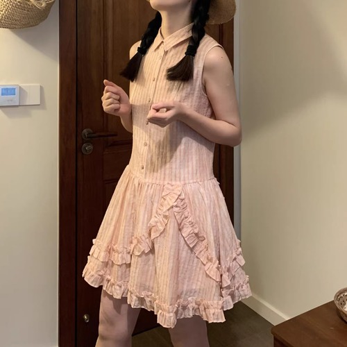 フリルラインノースリーブストライプシャツワンピ ・76059