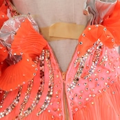 社交ダンス 衣装 スタンダードドレス ドレス ワンピース フリル ファー プリーツ デモ 競技 パーティ 発表会 ボリューム 蛍光 ピンク系 オレンジ系 フロート デザイン おしゃれ 目立つ 大人 ドレスアップ 舞台衣装 競技着 豪華