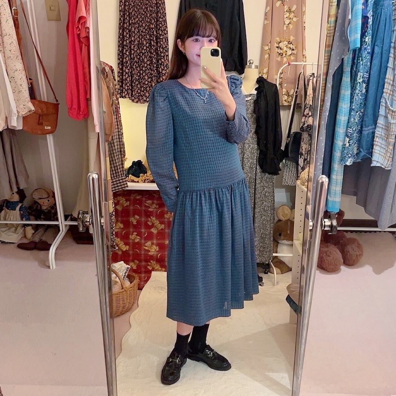 blue pink check low waist one-piece