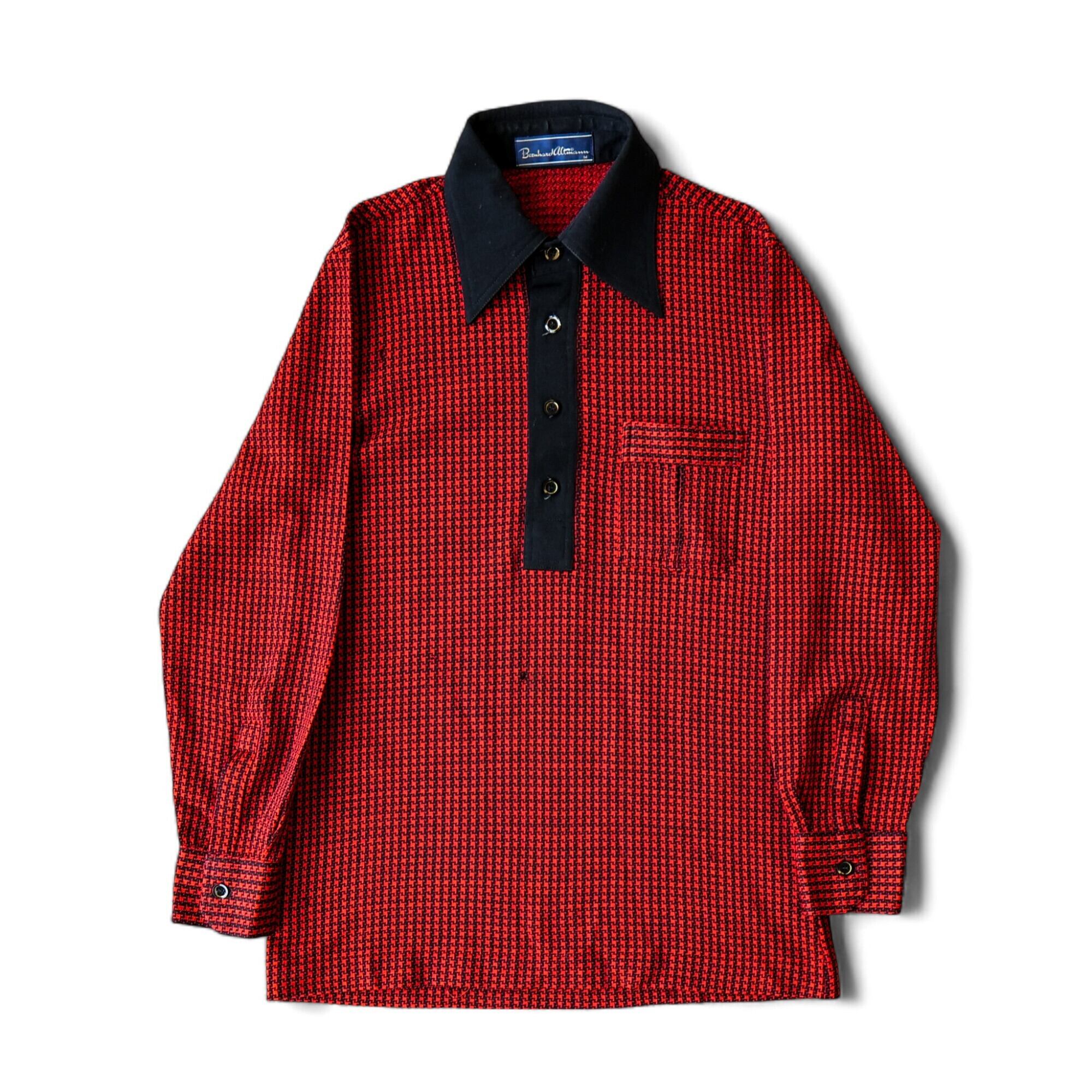 70年代シャツ 千鳥格子 ブラック レッド ポロシャツ ポロニット 穴あり