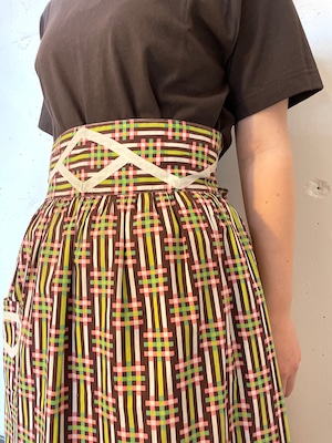 VINTAGE ~50’s brown×green×pink pattern apron
