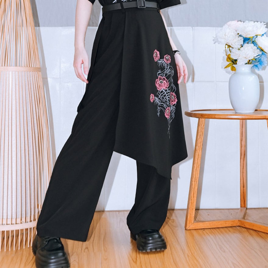 サブカル 服 地雷系 通販 チャイナ風服 チャイナ風服 古怪舎 パンツ レイヤード 重ね着風 ワイドパンツ スカート フラワープリント 闇かわいい