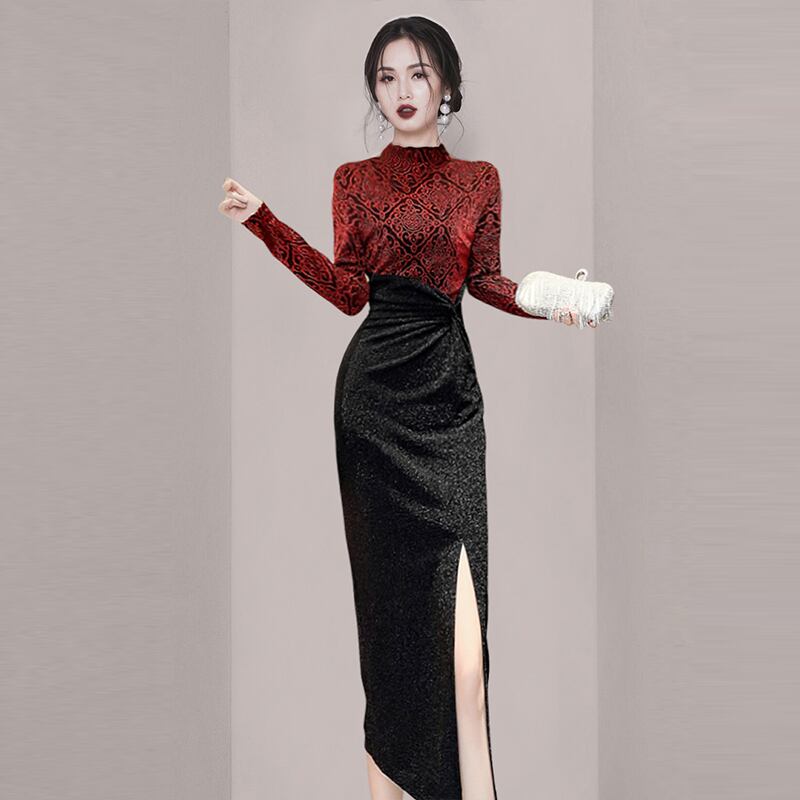 ERUKEI】フラワーレースマーメイドドレス M ブラック×ホワイトフラワー