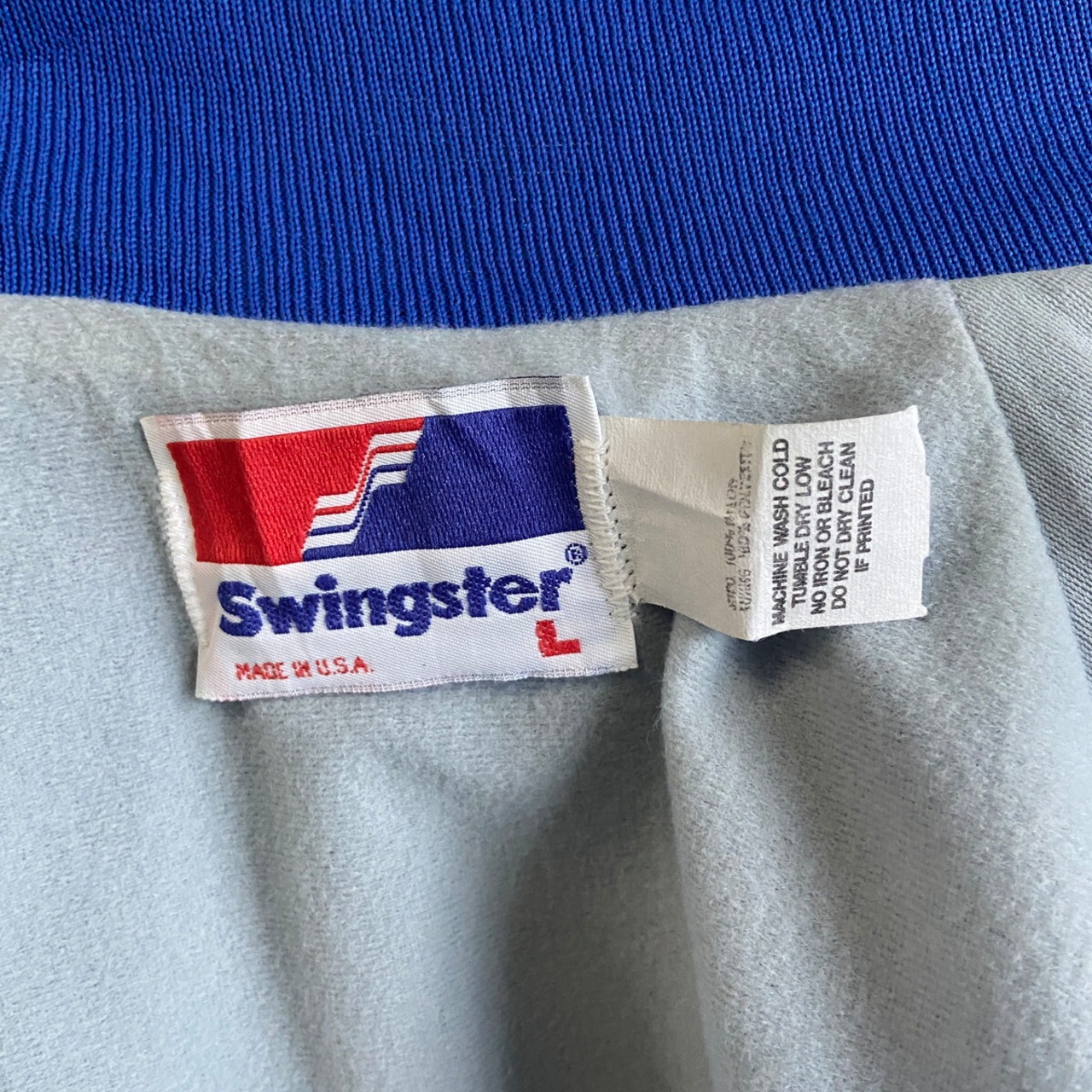 USA製 Swingster 企業ロゴ ワッペン サテンスタジャン メンズL 古着 青 