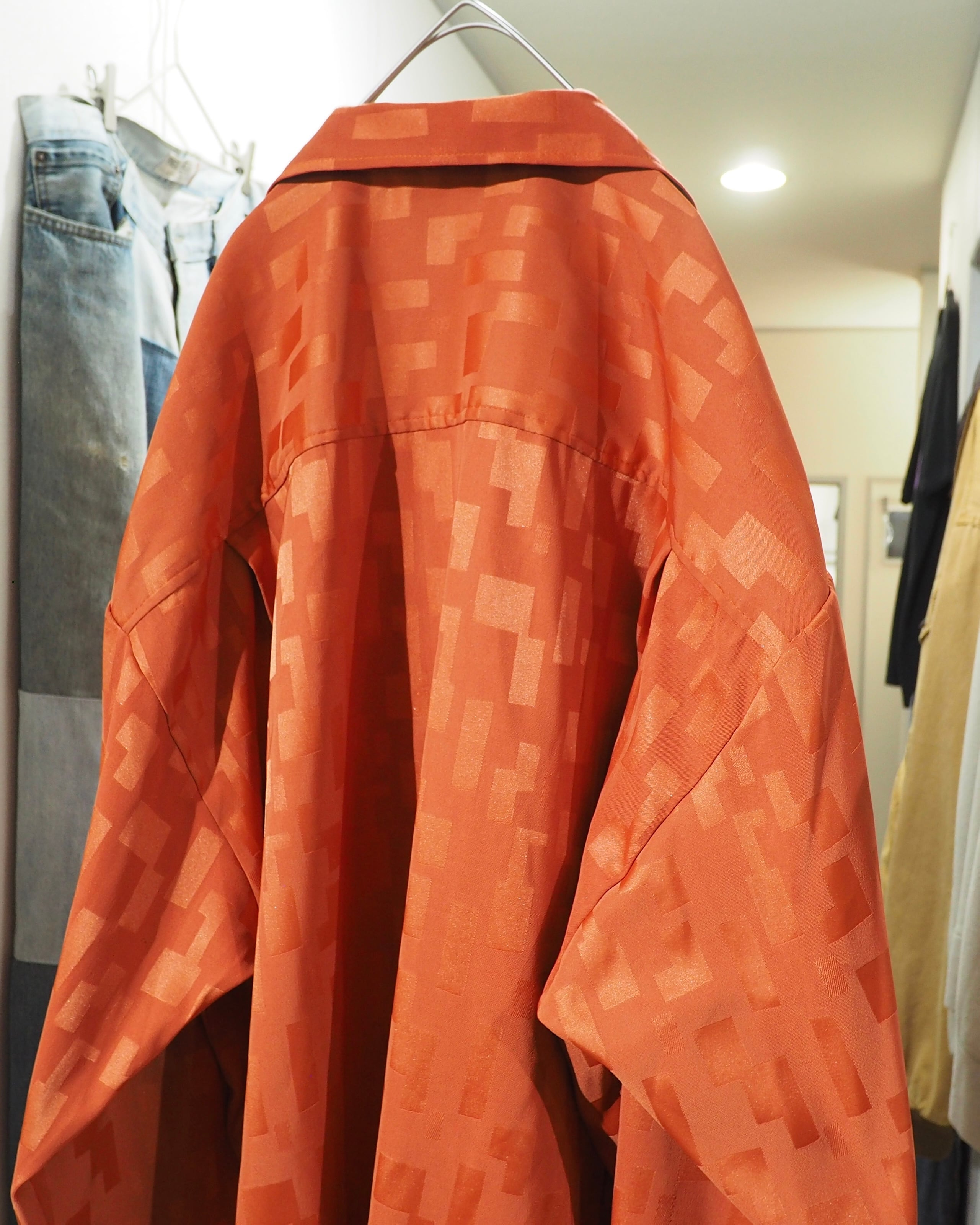 1990s " Made in USA ‐ Smash " Vivid Orange × Block Pattern Vintage Loose Open Collar Shirt