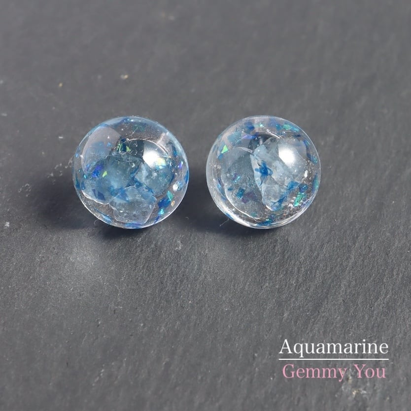 アクアマリン レジン ピアス【石のきもち】 ホログラム サイズM 天然石