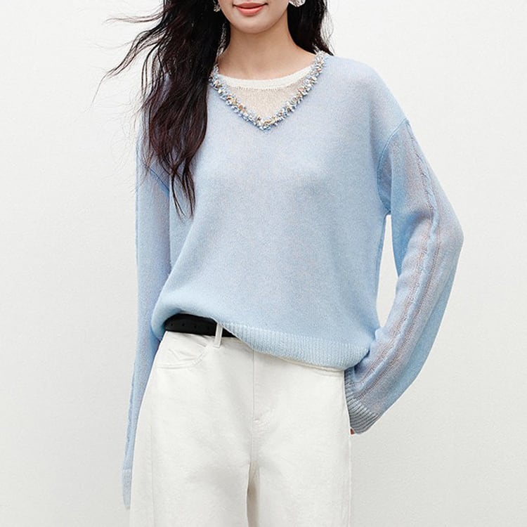 レイヤード風ビジューネックニット No.6002