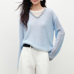 レイヤード風ビジューネックニット No.6002