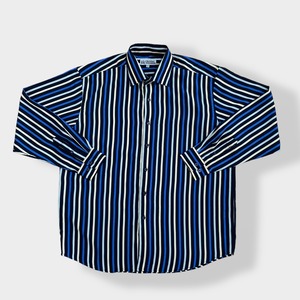 【L'HOMME MODERNE】ストライプシャツ 長袖シャツ ポリシャツ カジュアルシャツ マルチカラー アースカラー XL相当 ビッグシルエット US古着