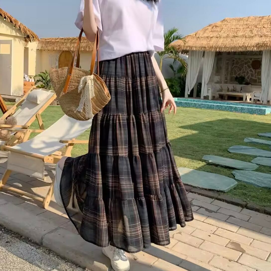 brown check chiffon skirt