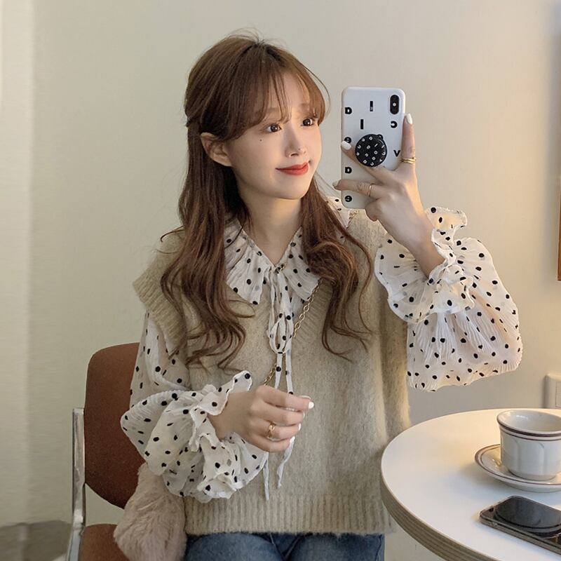 水玉シフォンシャツ スプリングオータムスタイルブラウス ロング 春物 秋物 YY-ファッション54765681132