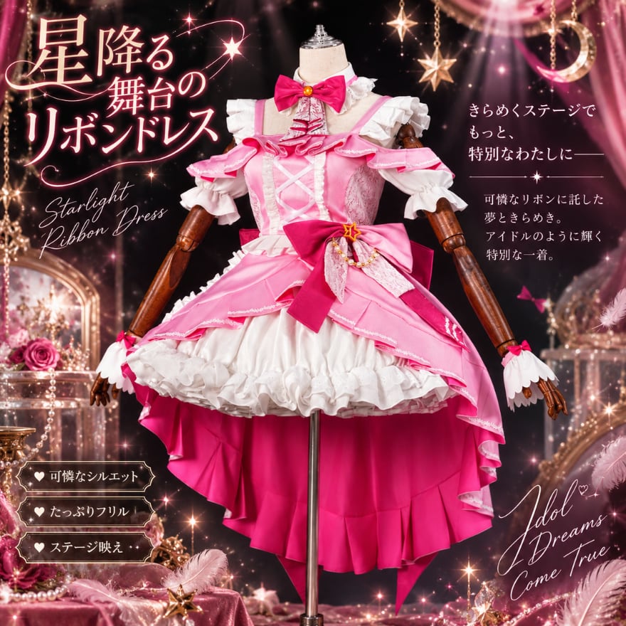 星降る舞台のリボンドレス ピンク×ホワイトの姫系ロリータアイドル衣装
