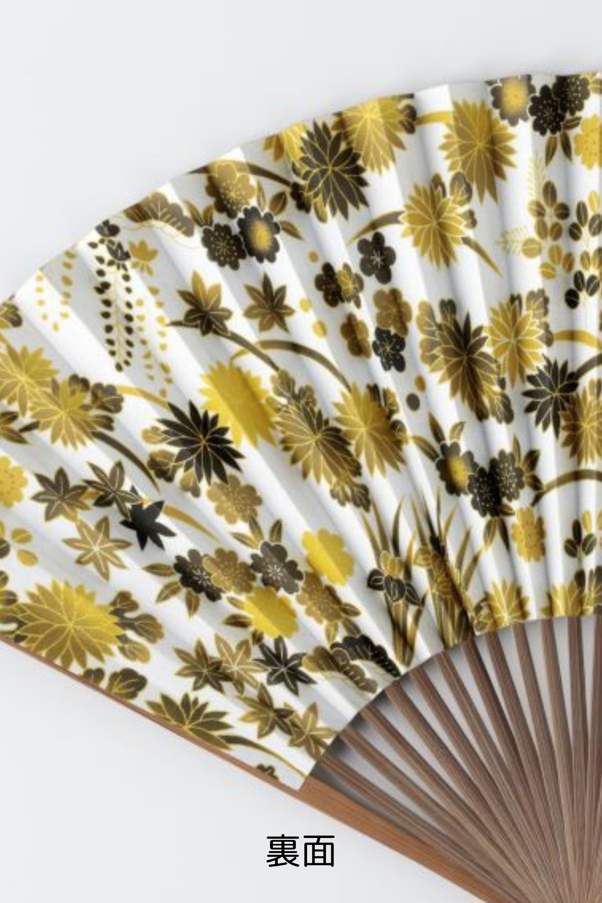 紙扇子】菊に露芝文/Chrysanthemum with Dew Grass Design 漆黒と黄金