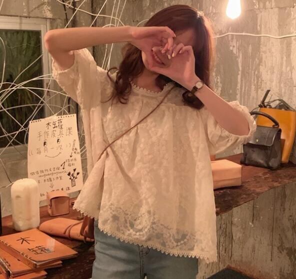 韓国風 chic トップス Tシャツ 夏新作 半袖 レースゆったり 刺繍