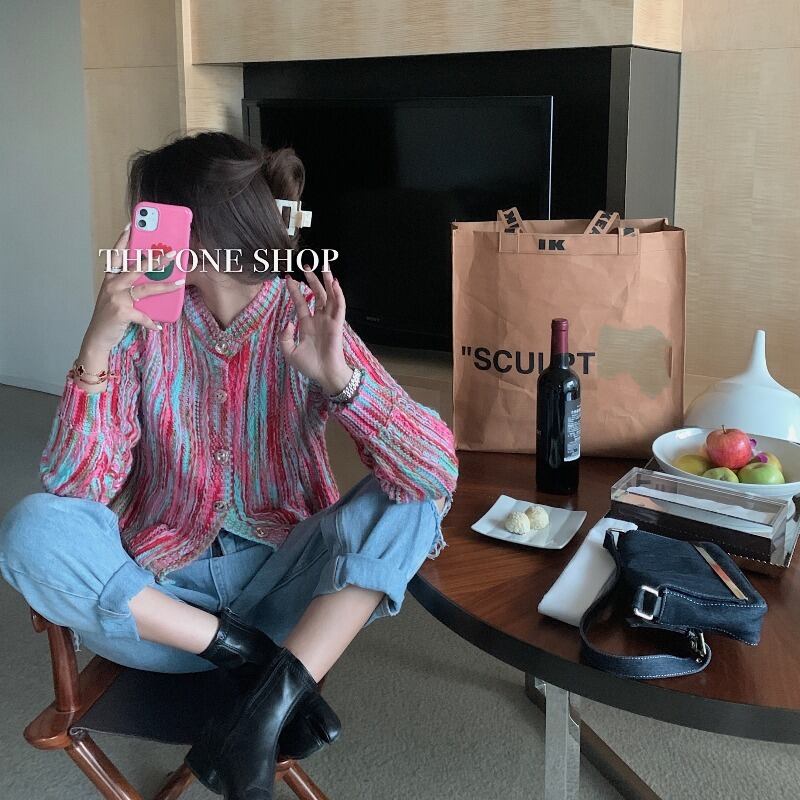 レインボーストライプVネック長袖ニットスモールカーディガンレディース秋新作セーターコートスリムフィットルーズトップ ブラックストロベリース14875650173