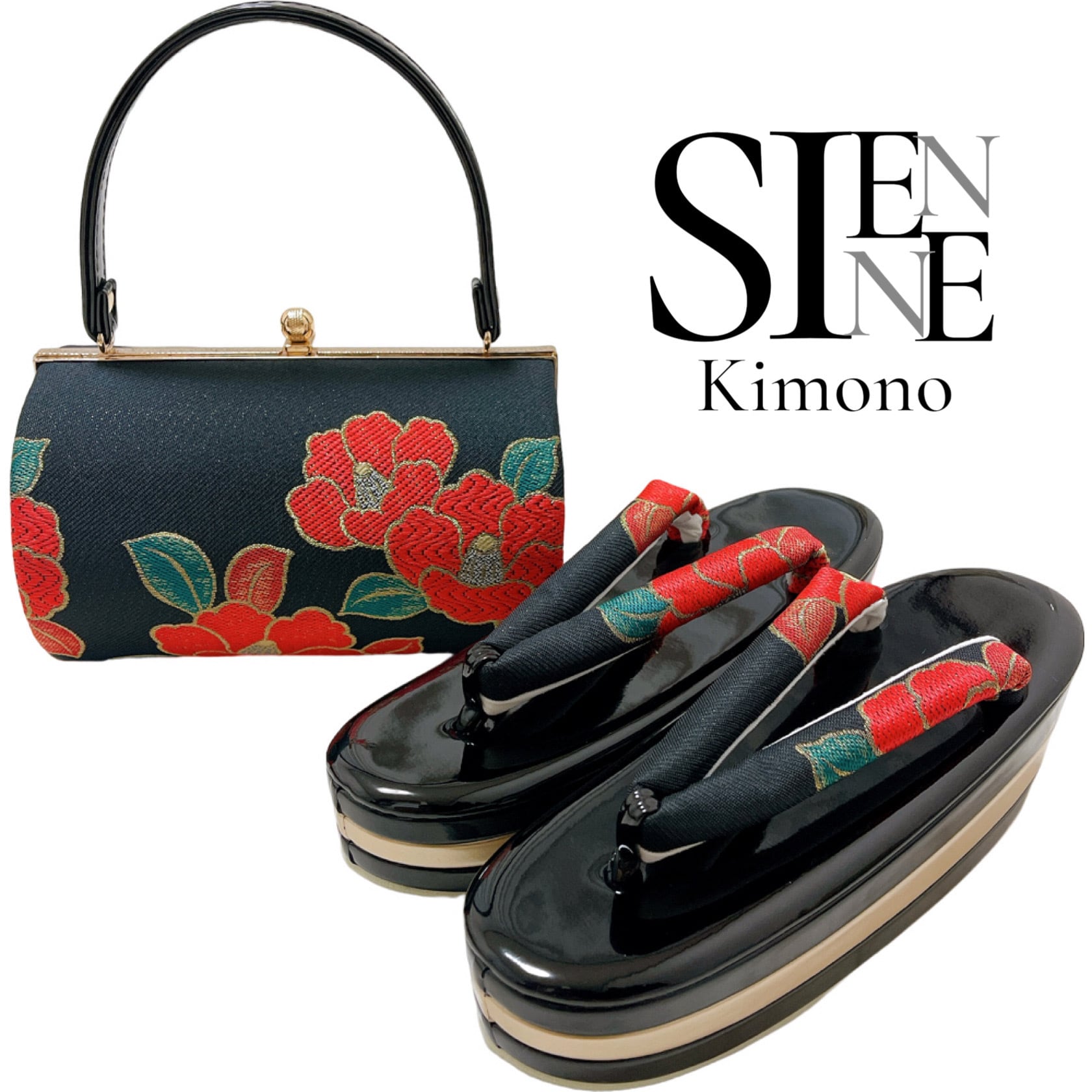 Kimono Sienne 草履バッグセット 草履セット 着物 成人式 振袖 袴 卒業式 和装 和装バッグ 草履 黒 椿 エナメル | Kimono  Sienne