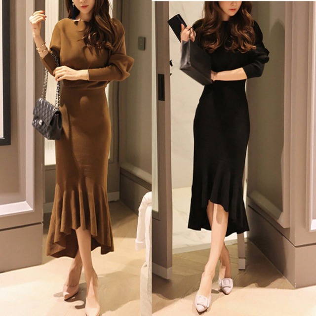 フィッシュテール ミモレ丈 ニットワンピース ワンピース フレアワンピース ワンピドレス 膝下 ミモレ 袖あり 長袖 ドルマンスリーブ ラウンドネック 襟なし スリム 細身 ニット かわいい 大人可愛い きれいめ シンプル 大人 上品 おしゃれ お洒落 大人女子 無地 春 秋 20代 30代 レディース 通勤 学生 通学 デート お出かけ 女子会 休日 旅行 着回し 普段使い 重ね着 韓国 韓国系 オルチャン サイズ S M L 色展開 黒 ブラック キャメル