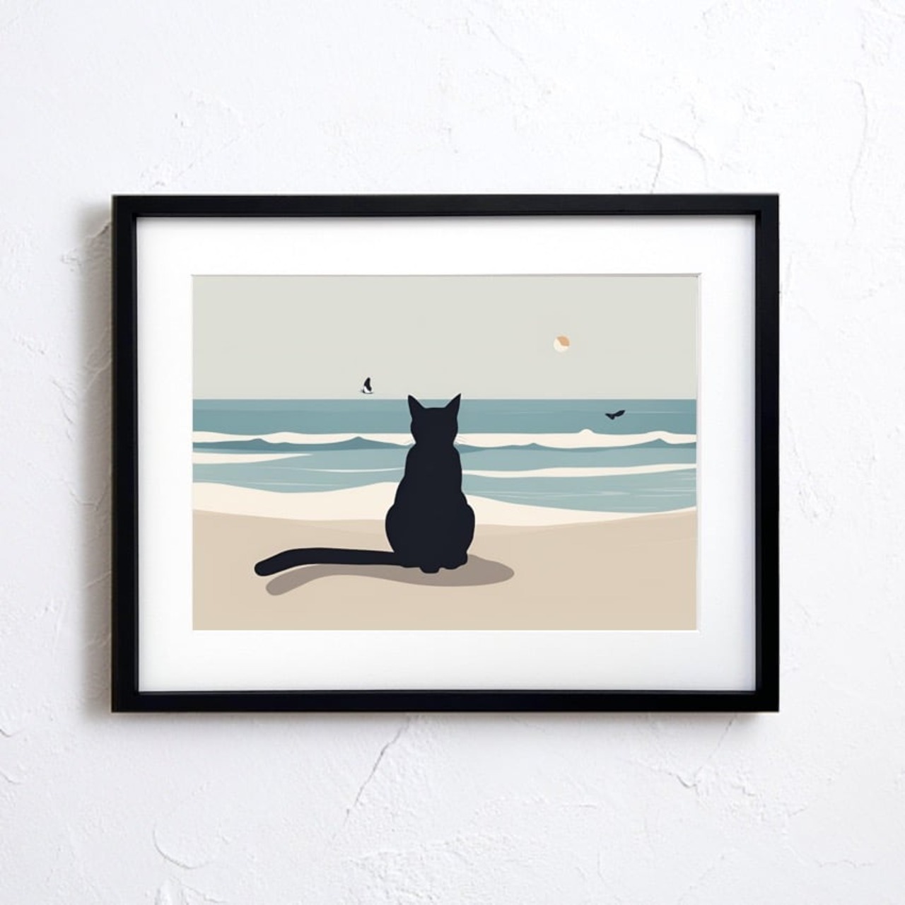 海を眺める黒猫｜穏やかな海辺に佇む可愛いシルエットアート｜静けさと物語を添える癒しの一枚｜｜A2ポスター