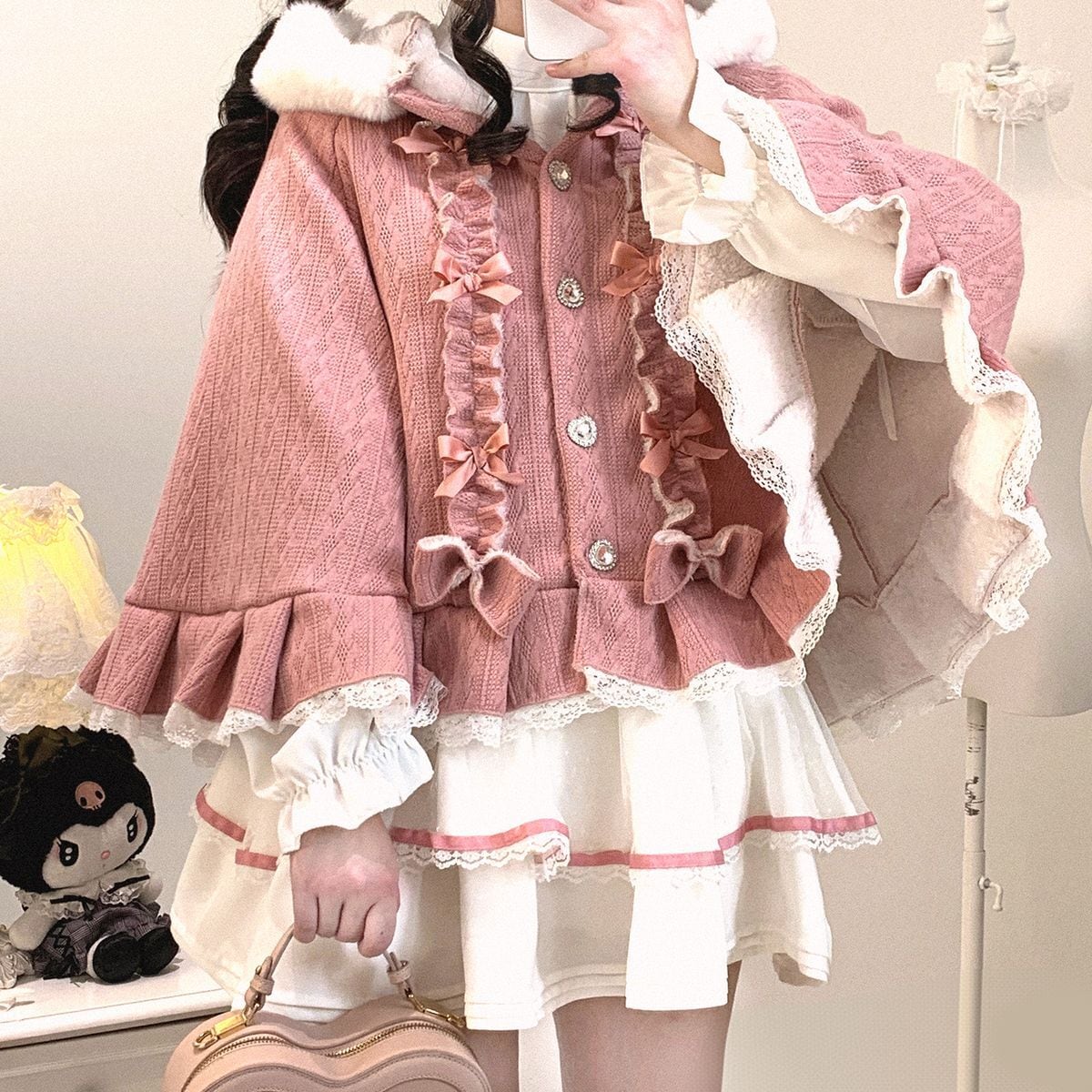 Physical Drop　ブーケ柄JSK3点セット　ケープ　ボンネ ポンポン付きフードショートケープ | Maiden's Rêve