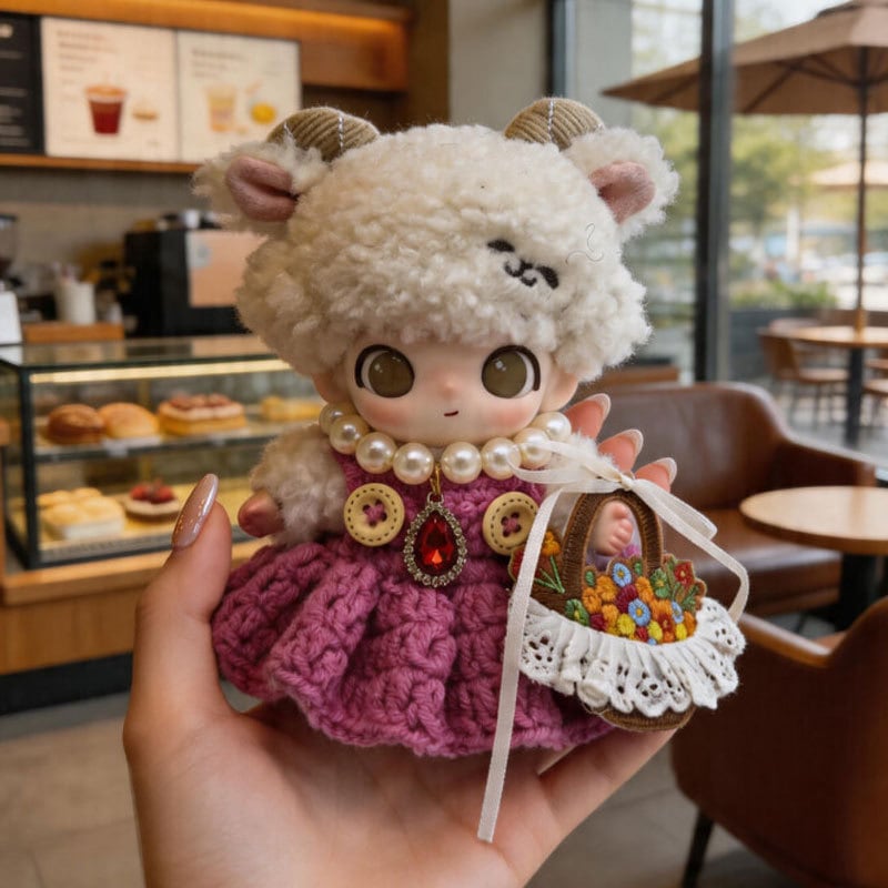 DIMOO/15cmぬいぐるみ対応 レトロ ニットワンピース+花カゴ+パール