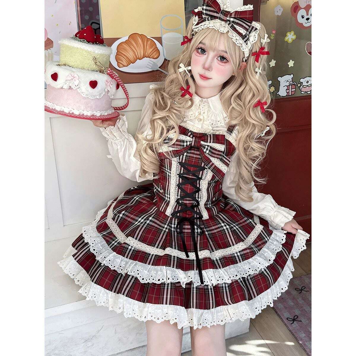 甘ロリ JSK クラシカルチェック×レース×編み上げ 細見えシルエット