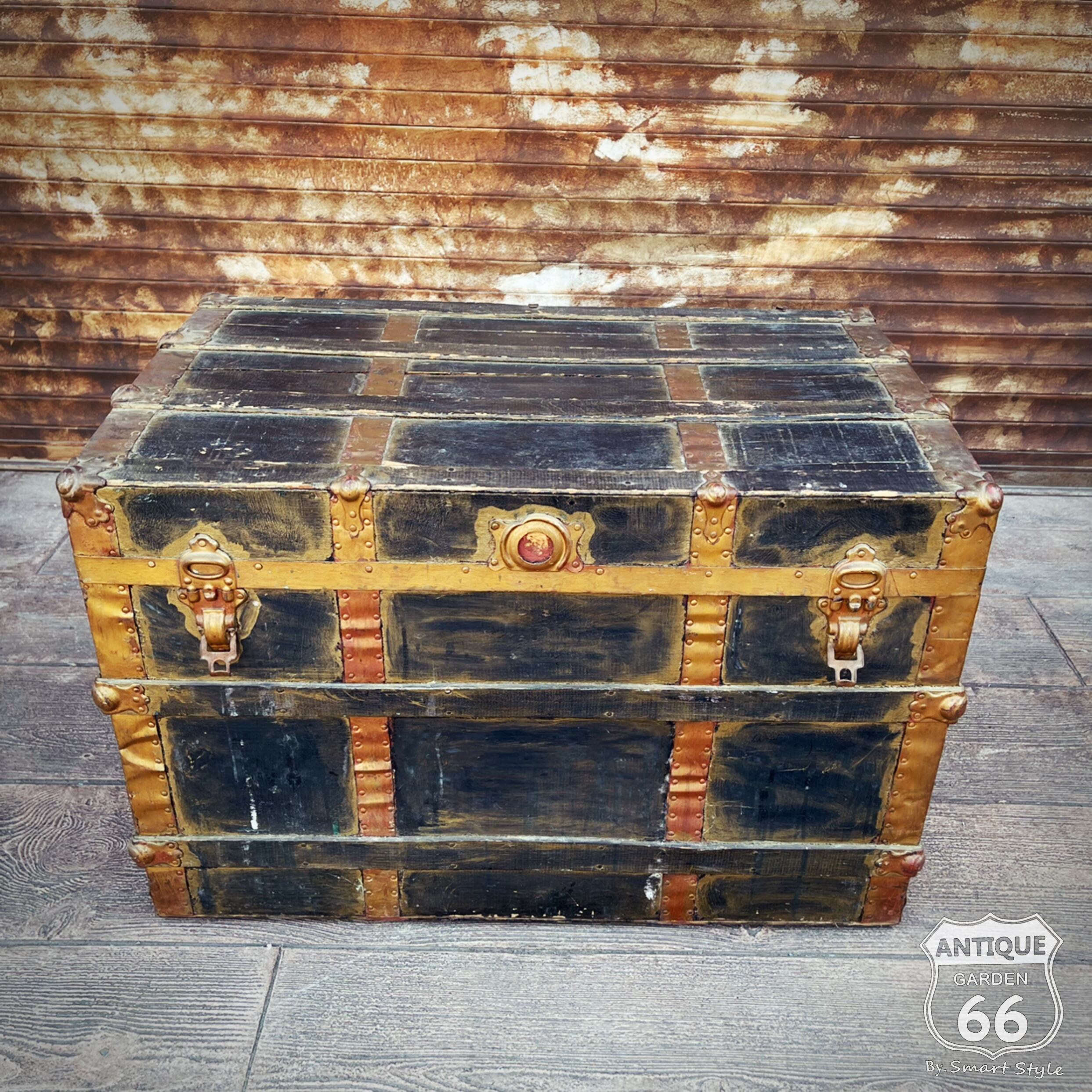 アメリカ BIG 木製 オールド スチーマーボックス 木箱 大きな 宝箱 アンティーク おもちゃ箱 ブラック 【C-148-085】  Antique Style～【アンスタ】アメリカ買付けのヴィンテージ・アンティークのおみせ。