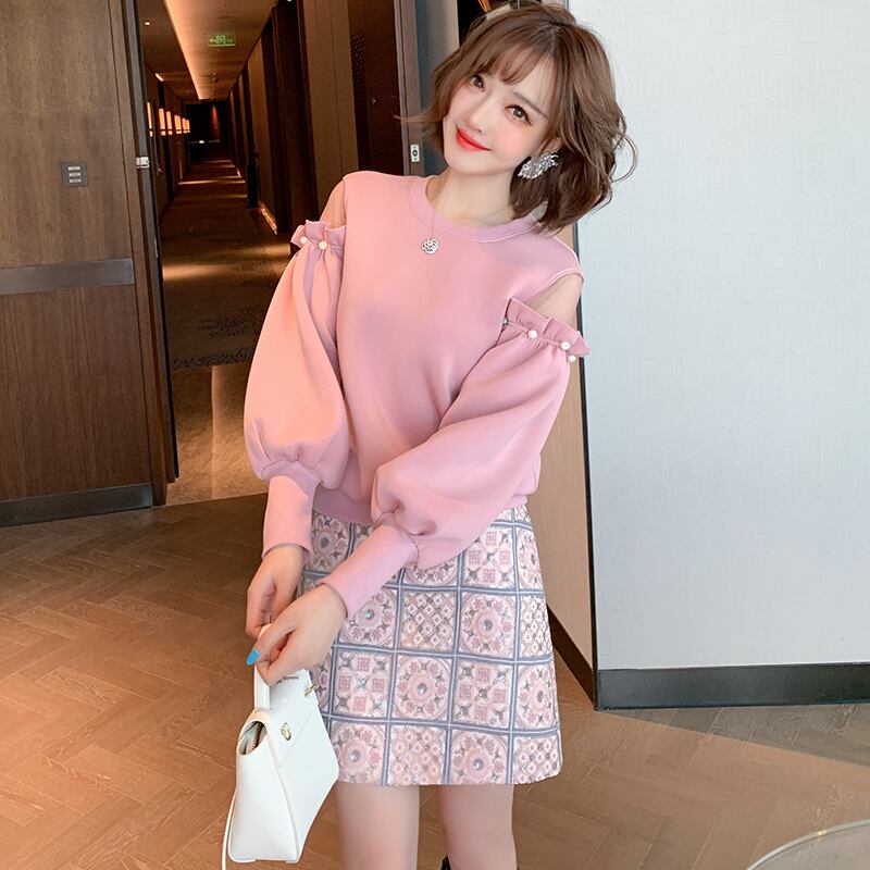 メッシュスリーブラウンドネックトップス スプリング ランタンスリーブ 春物 Oネック ステッチ MIUCO87984130832