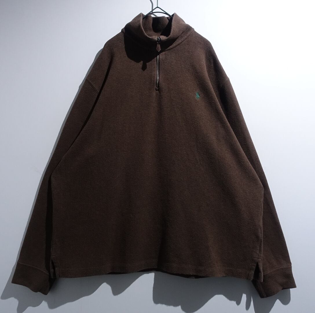 "Ralph Lauren" Brown Logo Design Half-Zip Cotton Knit
