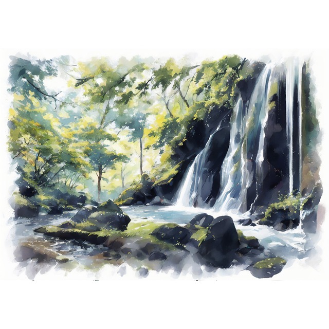 絵画 日本 兵庫県猿壺の滝の風景 インテリアアート額付き 水彩画・油絵風 WAT0039