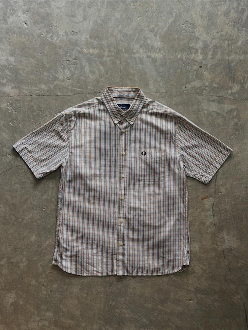 FRED PERRY 半袖チェックシャツ ボタンダウン ロゴ刺繍 L フレッドペリー